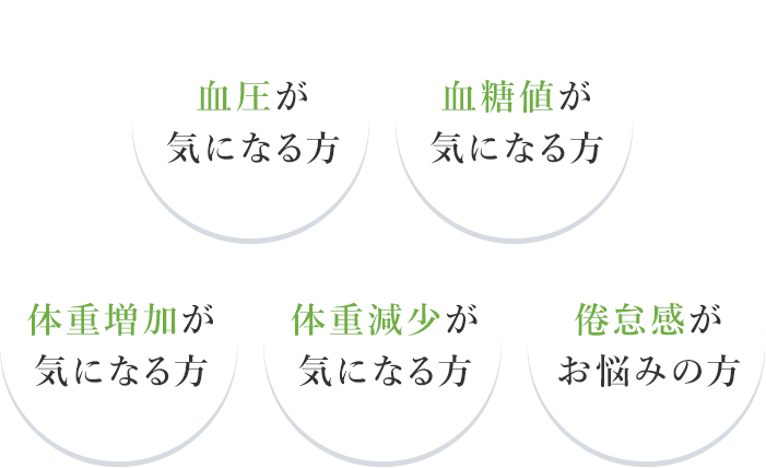 血圧が気になる方 血糖値が気になる方 体重増加が気になる方 体重減少が気になる方 倦怠感がお悩みの方